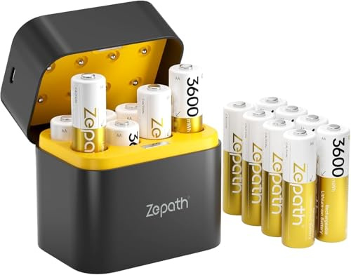 Zepath Pilas Recargable AA de Litio con Cargador, 3600mWh Capacidad Alta Paquete de 16 Salida Constante de 1,5 V Pilas AA Recargables, Portátil Pilas Recargables para Ratón,Gamepad, Cámara