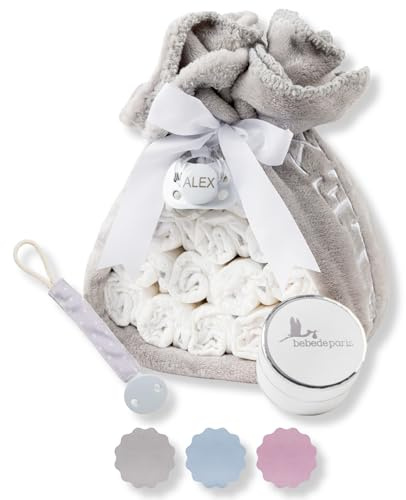 Cadeaux de Naissance | Gâteau de Couches avec Attache-Tétine en Tissu | Couverture Personnalisée + Tétine Personnalisée + 15 Couches Moltex | Baby Shower Garçon Fille (Neutre) | BebeDeParis