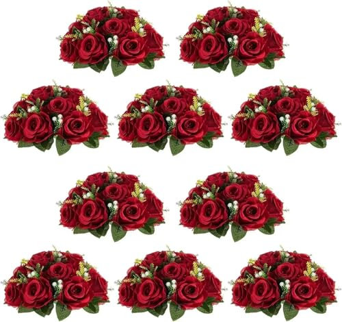 Kunstblumen Purpurrote künstliche Blumen-Rosenkugel, 10 Stück, 24,1 cm Durchmesser, for Tafelaufsätze, Tisch, gefälschte Rosenarrangements for Hochzeit, Party, Dekoration Für Home Handwerk(Crimson-10