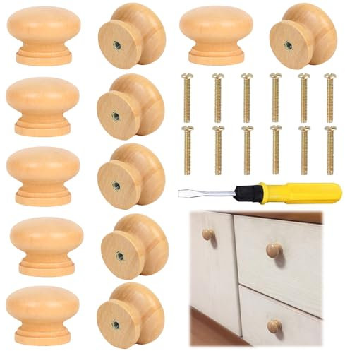 HAYGEM 12 Stück Robuste und Glatte Möbelknöpfe Holz, Holzgriffe für Schränke im Modernen Minimalistischen Stil, Schrankgriffe Holz mit Schraubenzieher, für Küchenschränke, Kleiderschränke