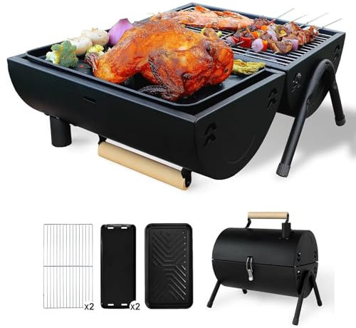 Tragbarer Holzkohlegrill, Zusammenklappbares Barbecue-Grill-Set, Doppelseitig + Grillpfannennetz, Outdoor-Camping-Bbq-Grill, Kamin-Tischgrill Zum Kochen Bei Partys Im Garten
