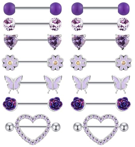Longbeauty 7 Paar Brustwarzenpiercing Set 14G Edelstahl Gerade Barbells Nippel Stabs Shield Ring Piercing Körperschmuck 14MM