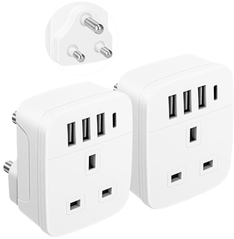 2-PACK UK to South Africa Plug Adapter,SHUOMAO Ground UK to South African Travel Adaptor with 4 USB(1 USB C 17W Charger),Power Adapter for SA,Namibia,Swaziland,Lesotho,Bhutan,Botswana(Type M)