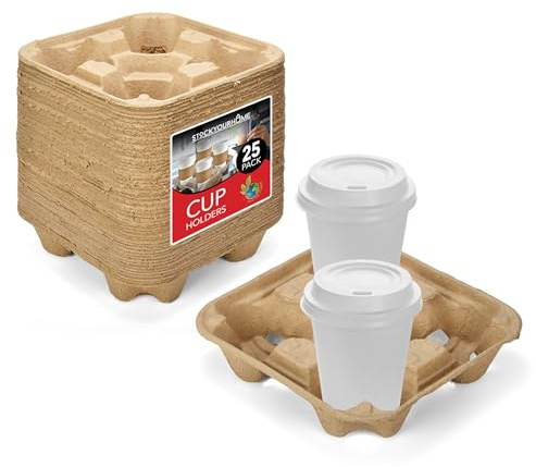 4 Cup Disposable Coffee Tray (25 Count) - Commercially Compostable Cup Holder - Durable Drink Carrier for Hot or Cold Drinks, Uber Eats - to Go Coffee Cup Holder for Food Delivery Service