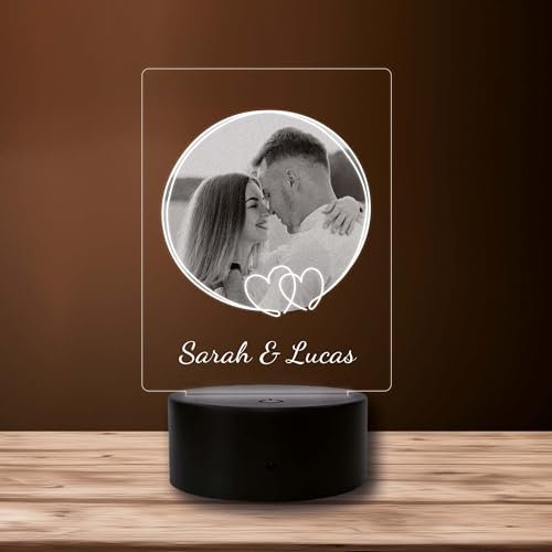 INDIGOS UG - LED Lampe personalisiert - Rahmen Kreis - schwarzer Sockel - Familie, Liebe - Wunschbild, Wunschtext - personalisierte Lampe Deko, Weihnachten, Geburtstag, Geschenk