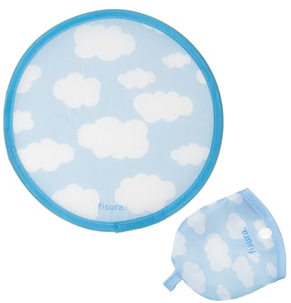 Fisura Ventaglio rotondo pieghevole Nuvole. Ventilatore a mano pieghevole originale. Frisbee blu e bianco. Ventaglio portatile per feste. 20 cm., Nuvole, 1 Unità, Taglia unica