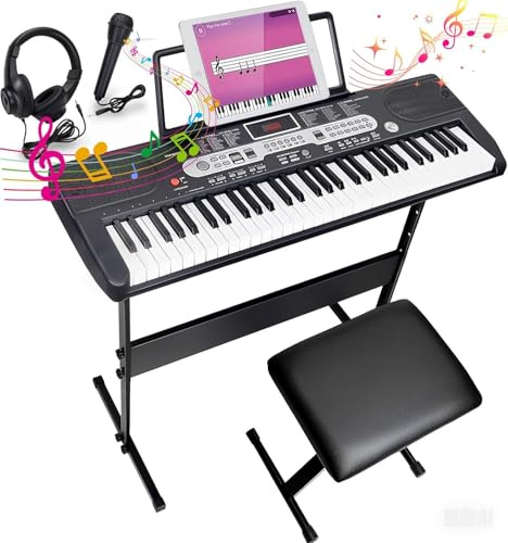 61 Tasten Keyboard Piano für Kinder & Anfänger, Klavier Set mit Ständer, Sitzbank, Kopfhörer, Mikrofon, Notenablage, Digital Piano Klavierunterricht Lern-Keyboard, Schwarz