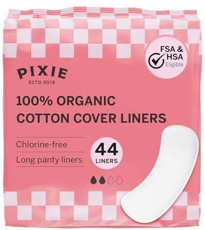 Pixie Organic Cotton Panty Liners for Women - Long Wrapped Pantiliners - Light Absorbency & Ultra-Thin - Leak-Proof, Hypoallergenic & Unscented for Feminine Care - Compostable - 44 Count