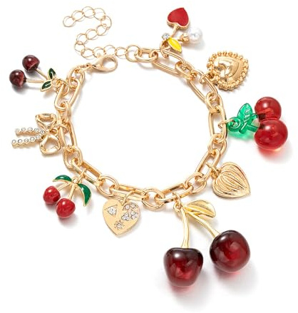 Cherry Bow Heart Charm Bracelet, Gold Chunky 3D Fruit Realistic Enamel Pearl Adjustable Chain Handmade Fashionable Christmas Jewelry Gifts for Women (gold chain)