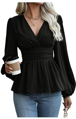 GORGLITTER Women's Wrap V Neck Ruffle Peplum Blouses Long Sleeve Ruched Flared Elegant Going Out Tops Black Large