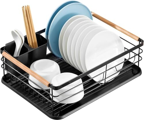 Large Space-Saving Dish Drainer Rack with Removable Drip Tray - Rust-Proof Metal Kitchen Drying Rack for Plates, Bowls & Cutlery with Wooden Handles (Black)