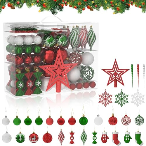 Froadp 138-teilig Weihnachtskugeln Set aus Kunststoff, Christbaumkugel Weihnachtsdeko Christbaumschmuck für Weihnachtsbaumdeko, Festliche Dekoration, DIY Basteln, Party (Rot + Grün + Weiß)