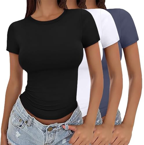 Lot de 3 T Shirt Manche Courte Y2k Femme T-Shirt Col Rond Slim Fit Cropped Shirt Moulant À Manches Courtes Ajusté Crop-Top Streetwear Tee Shirts Basique Couleur Unie Décontracté Tendance Chemises