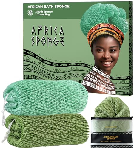 African Net Sponge Authentic -2 Pieces Exfoliating Scrubber for All Skin Types - Bath Washcloth Back Scrub for Shower - Body Exfoliator Sponge for Face & Body Care (Olive Green & Seawave)