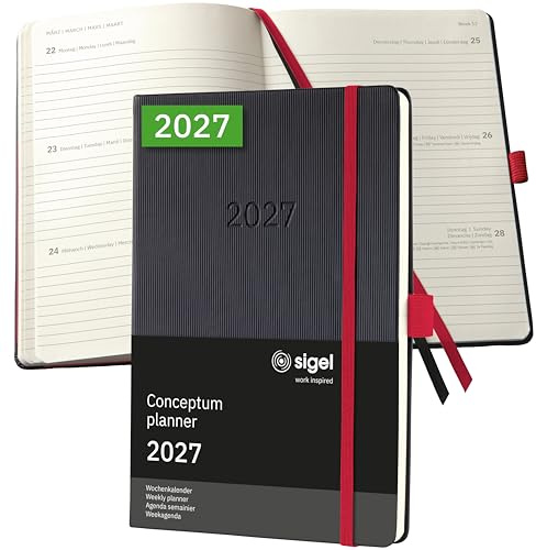 SIGEL Conceptum Wochenplaner 2027 A5 Hardcover schwarz rot | C2708, 192 Seiten Wochenkalender mit Gummiband, Stiftschlaufe und Archivtasche aus nachhaltigem Papier