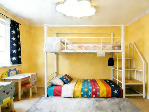 XINBEDEU Twin Over Twin Bunk Bed with Stairs, RGB LED Lights, Hanging Bag, Portable floating power hub,Metal Bed Frame with Safety Guardrails, Anti-toppling Device, No Box Spring Needed (White,Twin)