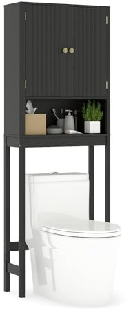 GOPLUS Meuble WC au-Dessus des Toilettes, 168 cm Meuble Salle de Bain avec Portes Cannelées, Étagère Réglable, Barre Inférieure, Étagère Gain de Place pour Salle de Bain Buanderie (Noir)