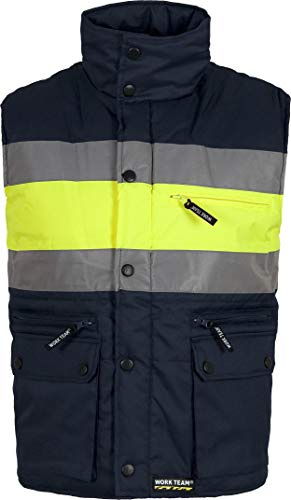 WORKTEAM Chaleco Acolchado Alta Visibilidad Oxford, Multibolsillos con Cremalleras, Cintas reflectantes, EPI Cat II Unisex Marino+Amarillo A.V-L