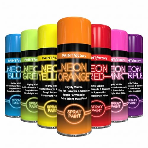 7 Pack Neon Spray Paint 200ml - Fluorescent Aerosol Paint Set Extra Bright Colours Red Blue Green Yellow Orange Pink Purple - Quick Dry Matt Finish DIY Graffiti Craft Metal Wood Plastic
