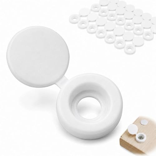 150 Pack Hinged Screw Cover Caps – White Decorative Screw Cap for Cabinet, Furniture, Shelves & Wooden Panels – Snap-On Screw Concealer Covers