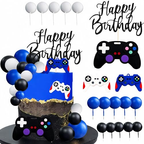 Tazuxetuqe Set de adornos para tarta de videojuegos, decoración de cumpleaños gamer para niños, incluye cartel de tarta «Happy Birthday», adorno de mando de juego y mini globos para fiesta gaming