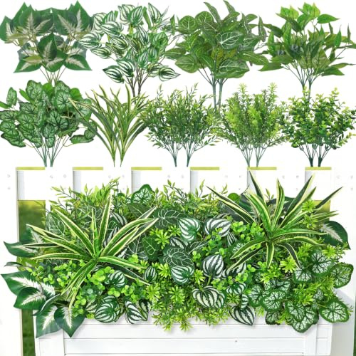 UXORSN 18 Pièces Plante Artificielles Extérieur Fausse Plante Résistantes Aux UV Lierre Artificiel Feuilles Vertes Plantes Artificielles de Verdure Arbuste pour Exterieur Jardin Porche Fenêtre Décor