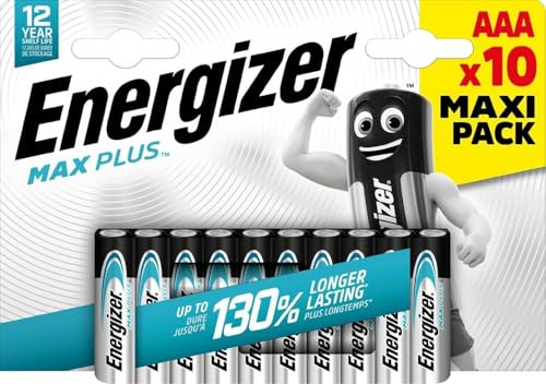 Energizer Max Plus - AAA Batteries (10 Pack) - Triple A Performance Alkaline Battery 1.5V - 130% Longer Lasting - Ideal For High Drain Devices - 100% Recyclable Packaging - 15 Year Shelf Life