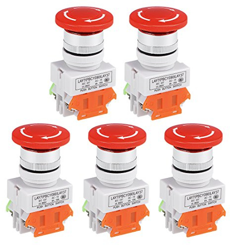 sourcing map 5 Piezas 22mm Enclavamiento Emergencia Parada Pulsador Botón Interruptor Rojo 1NO 1NC