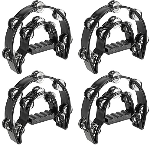 KOHAND 4 Pack Black Half Moon Tambourines, 240x200 mm Double Row Tambourine, Handheld Tambourine with Ergonomic Handle, Plastic Musical Percussion Tambourines for Gift KTV Party