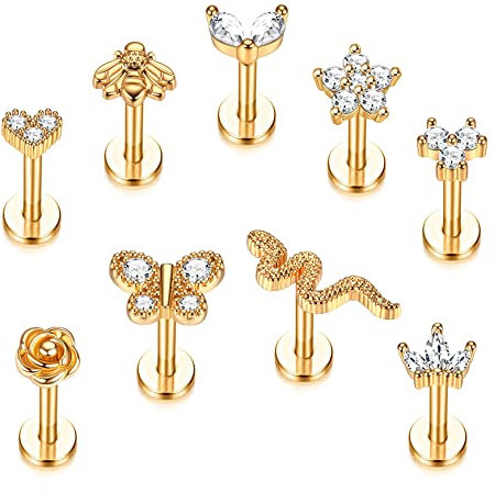 CASSIECA Cartílago Pendiente Stud 16G Acero Inoxidable Roscado Interno CZ Flor Corazón Abeja Mariposa Serpiente Helix Tragus Conch Labret Monroe Medusa Labio Piercing Joyería