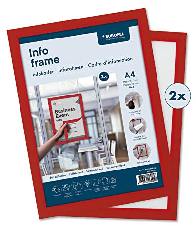 EUROPEL Selbstklebender magnetischer Info-Rahmen aus PVC, A4 Rot, 2er Set, einfach ablösbar durch Magnet, doppelseitig, Hoch- oder Querformat, 32,5 x 23,8 cm