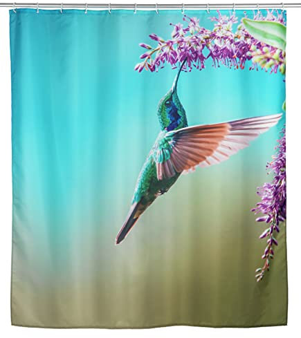 WENKO Duschvorhang Mod. Managua, 180 x 200 cm, Vorhang aus 100% Polyester mit Metallösen & Gummi-Gewichtsband für Dusche und Badewanne, wasserabweisend & waschbar, inkl. 12 weißen Duschvorhangringen