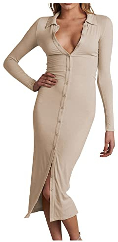 Azruma Strickkleid Damen Langarm Strick Revers Button Down KIeid Sexy Slim Fit Knopfleiste Elegant Einfarbig Herbst Etuikleid Pulloverkleid Bleistiftkleid Clubkleid Winterkleid