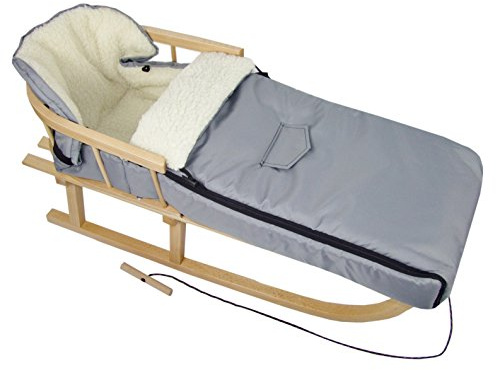 Kombierbjudande träsläde med ryggstöd och dragrep + universell vinteråksäck (108 cm), även lämplig för babystol, barnvagnar, buggy, lammull, uni (ljusgrå + släde)