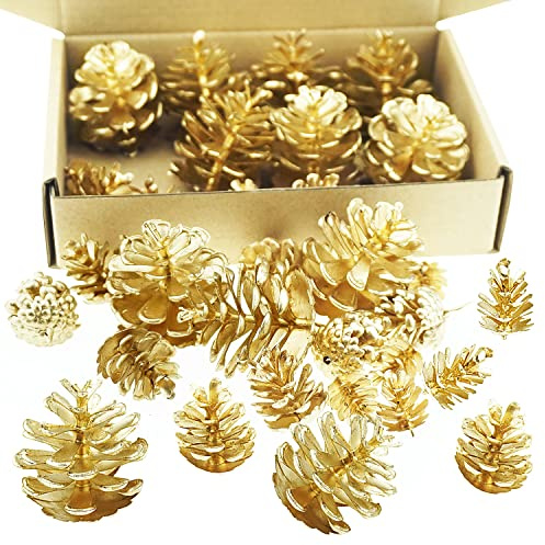 SaktopDeco 30 Counts Artificial Pine Cones Small Gold Pinecones Ornaments Christmas Pine Cones Bulk for Crafts Christmas Tree Holiday Garland Wreath Decor