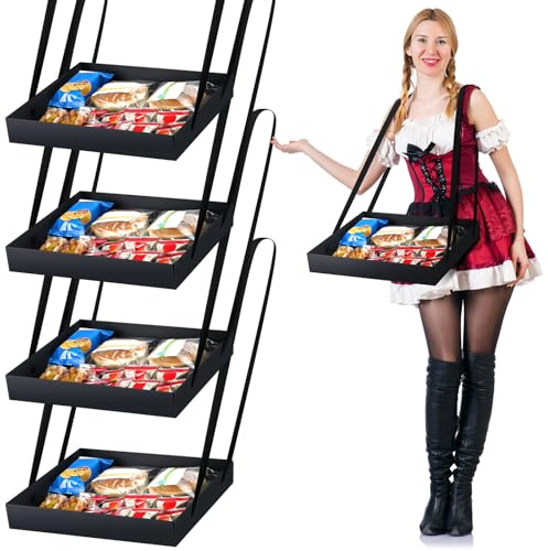 PerKoop 4 Pcs Snack Trays with Strap 13 x 11 x 2 Inch Movie Night Party Serving Trays Usherette Popcorn Drink Beverage Carrier for 20's Theme Costume Accessory with 8 Black Ribbons for Women
