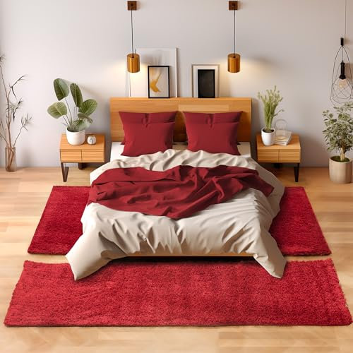 SIMPEX Bettvorleger Schlafzimmer Teppich Läufer Flur Teppich Küchenläufer Hochflor 3 Teiliger Set Bettumrandung Einfarbig Modernes Design Soft Flauschig & Extra Weich Farbe: Rot