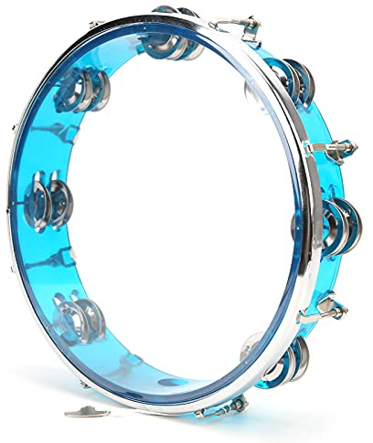 HOHXFYP 10 Zoll Tamburin, Tamburintrommel mit Verstellbaren Schellen und Stimmschlüssel, Gehaltene Trommel, Zweireihiges Metallschellen Musikinstrument für Erwachsene(Blau)