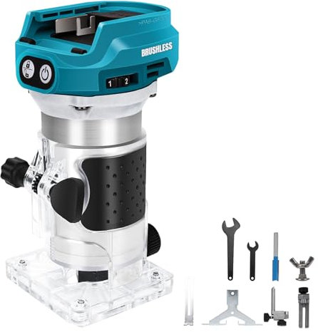 Fresa a Batteria Compatibile Con Makita 18V - 1300W Senza Spazzole, 6 Velocità, Guida Dritta, Ruota di Guida, 2 Chiavi - Taglialegna (Senza Batteria)