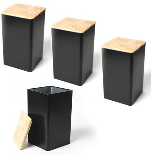 Cobenga 4 Pack Kitchen Container Set with Bamboo Lids, Tea, Coffee, Sugar & Nuts Canister Storage Jar Containers, Black Storage Canisters Food Storage Containers Pots Jars for Kitchen Food Storage