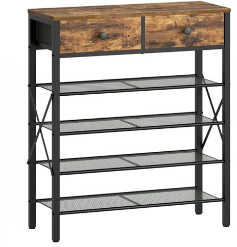 YATINEY Schuhregal, Schuhablage mit 5 Ebenen, Schuhregal groß, Schuhständer mit 2 Stoffschubladen und 4 Gittern, platzsparend, für 16 Paar, für Eingang, Flur, Vintagebraun und Schwarz XSS25BRY1N1