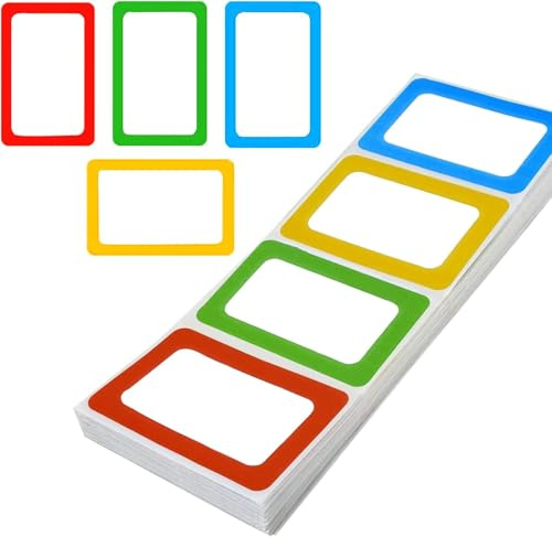 KEWAYO Namensschild Aufkleber 200 Stücke Namen Etiketten Sticker Selbstklebende Bunte Grenz Name Tag Stickers für Schule, Büro, Parteien, Küche, Kinder Kleidung - 89 x 57mm, 4 Farben (Rollen)