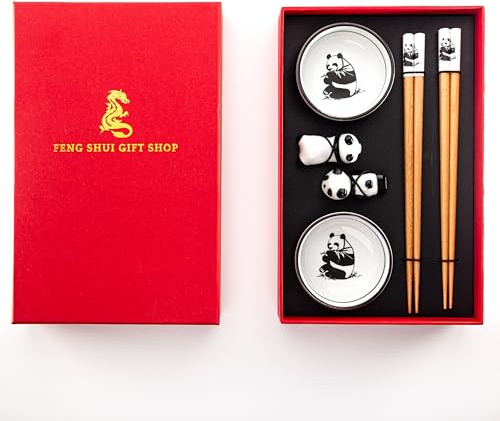 Premium Chopstick Set – 2 Ceramic Dishes, 2 Bamboo Chopsticks, 2 Ceramic Holders – Elegant Gift Box for Sushi, Ramen & Asian Cuisine (Panda)