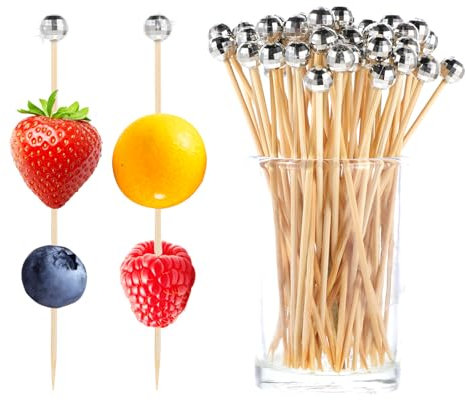 JIEYAO 100 Stück Cocktailspieße,Holz Cocktail Sticks mit Silber Discokugel 12CM Spieße Fingerfood Schaschlikspieße Holz Zahnstocher Obstspieße für Bar Grillgut Antipasti Cocktailparty Deko