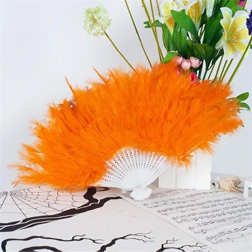 SBJKLYRN Feather Fans, Folding Feather Fans Feather Folding Fan Sweet Girl Dance Hand Fan Art Craft Gift Wedding Party Halloween Decoration Feather Folding Hand Fan(White)