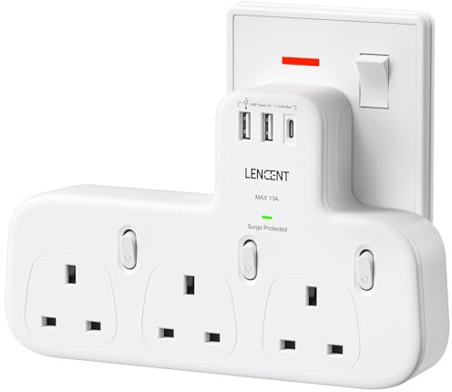 LENCENT 3 Way Plug Extension with 1 USB C and 2 USB Ports, Surge Protected Multi Plug Adapter, 3 AC Wall Charge Extender for Household Appliances, iPhone, Smartphone, Tablets, 13A 3250W
