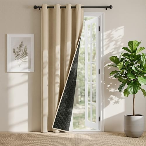 PONY DANCE Doppio Strato 100% Tende Oscuranti Camera da Letto con Anelli Blackout Curtain Pesanti Tenda Termica Isolante per Porta 1 Pezzo L 140 x A 210 cm, Beige