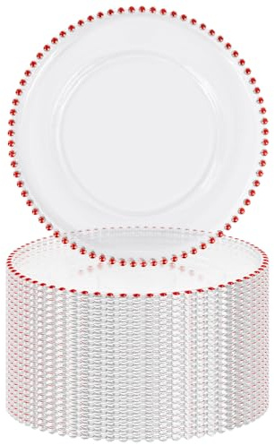 FXKS 24 PCS Clear Round Charger Plates with Beaded Rim, 13 Inch Plastic Acrylic Plate, Plastic Round Beaded Dinner Decorative Service Plates for Wedding Party Event, Home Kitchen Tabletop(Red)