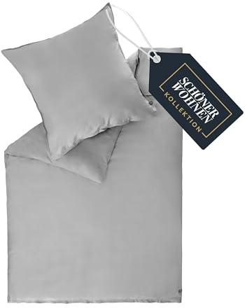 SCHÖNER WOHNEN Satin Bettwäsche 155x220 Baumwolle Grau - Luxus Bettwäsche-Set 2teilig - weich & atmungsaktiv - 1x Bettwäschebezug & 1x Kopfkissenbezug 80x80cm Frühling Duvet Cover Set - ÖKO-TEX