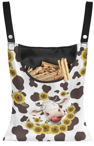 Buxolandt Cow Texture Sunflower Peg Bag for Washing Line with Hanger, Reusable Clothes Storage Pegs Bags Laundry Accessories for Home Dorm Clothesline Indoor Outdoor White